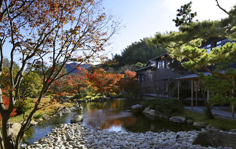 紅葉と池のある日本庭園